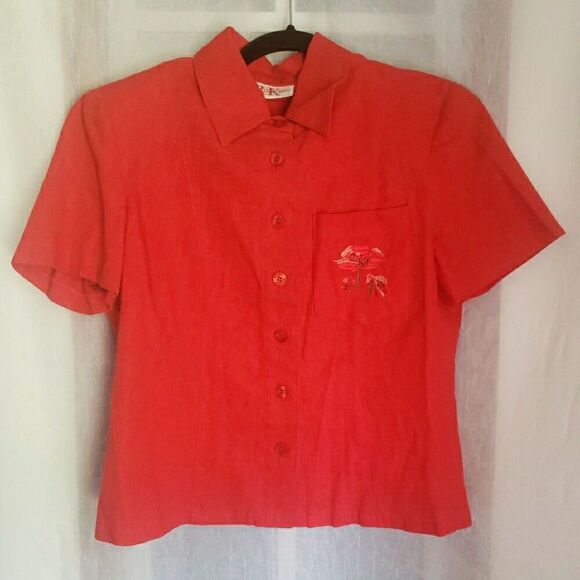 R & K Tops - R & K ORIGINALS Red Button Front Shirt Blouse Short Sleeve Women's Petites